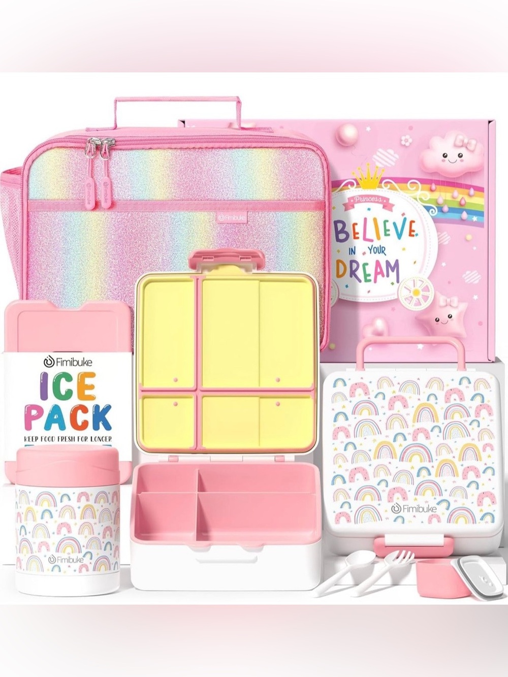 Fimibuke Pink Rainbow Kids Bento Lunchbox Set with 4 Compartments